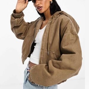 NWOT Asos Design denim bomber jacket with hood in mushroom brown size S